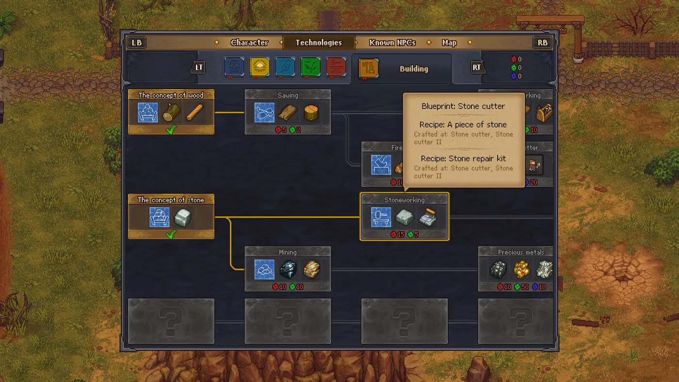 Écran de l'arbre des technologies de Graveyard Keeper, onglet Construction : les technologies « The Concept of Wood », « Sawing », « Stoneworking » et « Mining » reliées par des traits, avec l'infobulle du plan « Stone cutter ». L'interface est ici en anglais.