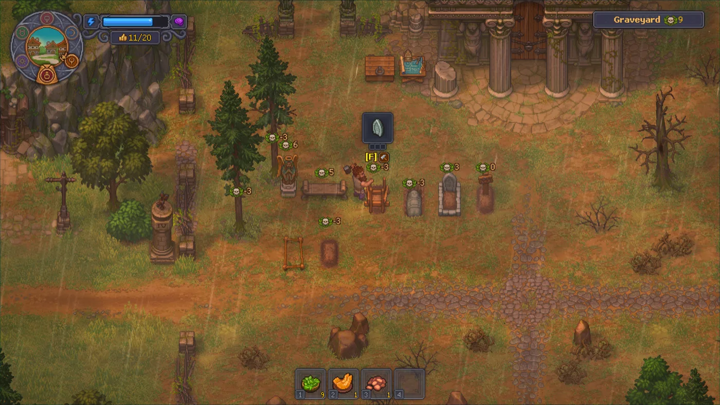 Les tombes du cimetière de Graveyard Keeper 2, avec leurs croix et leurs clôtures