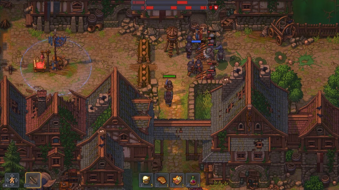 Combat de rue dans Graveyard Keeper 2 : le gardien et deux soldats en armure affrontent des zombies entre les toits d'ardoise d'un quartier de la ville.