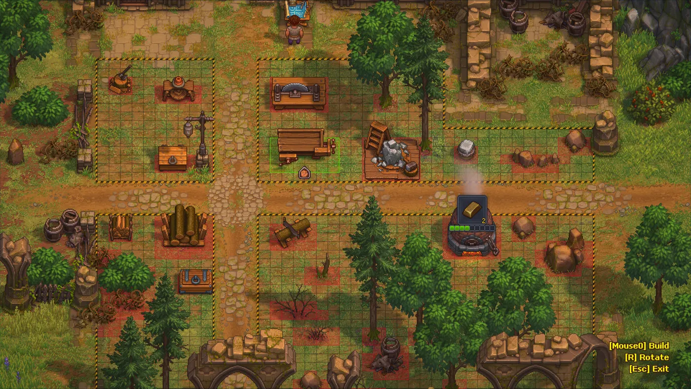 Écran de construction de Graveyard Keeper 2 : une grille de placement se superpose au terrain, avec des établis, des tas de bûches et des machines déjà posés au milieu des arbres.