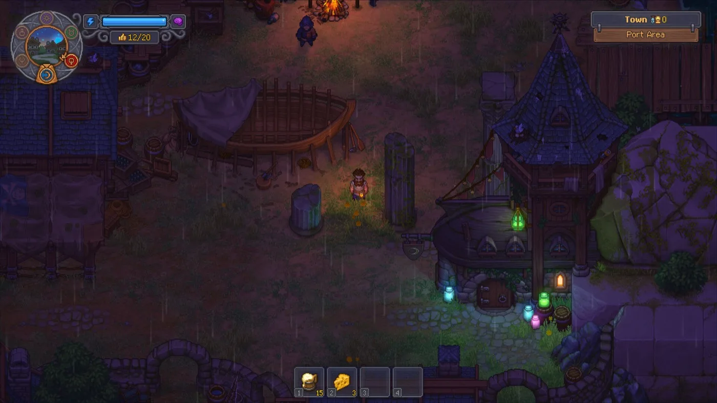 Une rue de la ville de Graveyard Keeper 2 sous la pluie, près du port