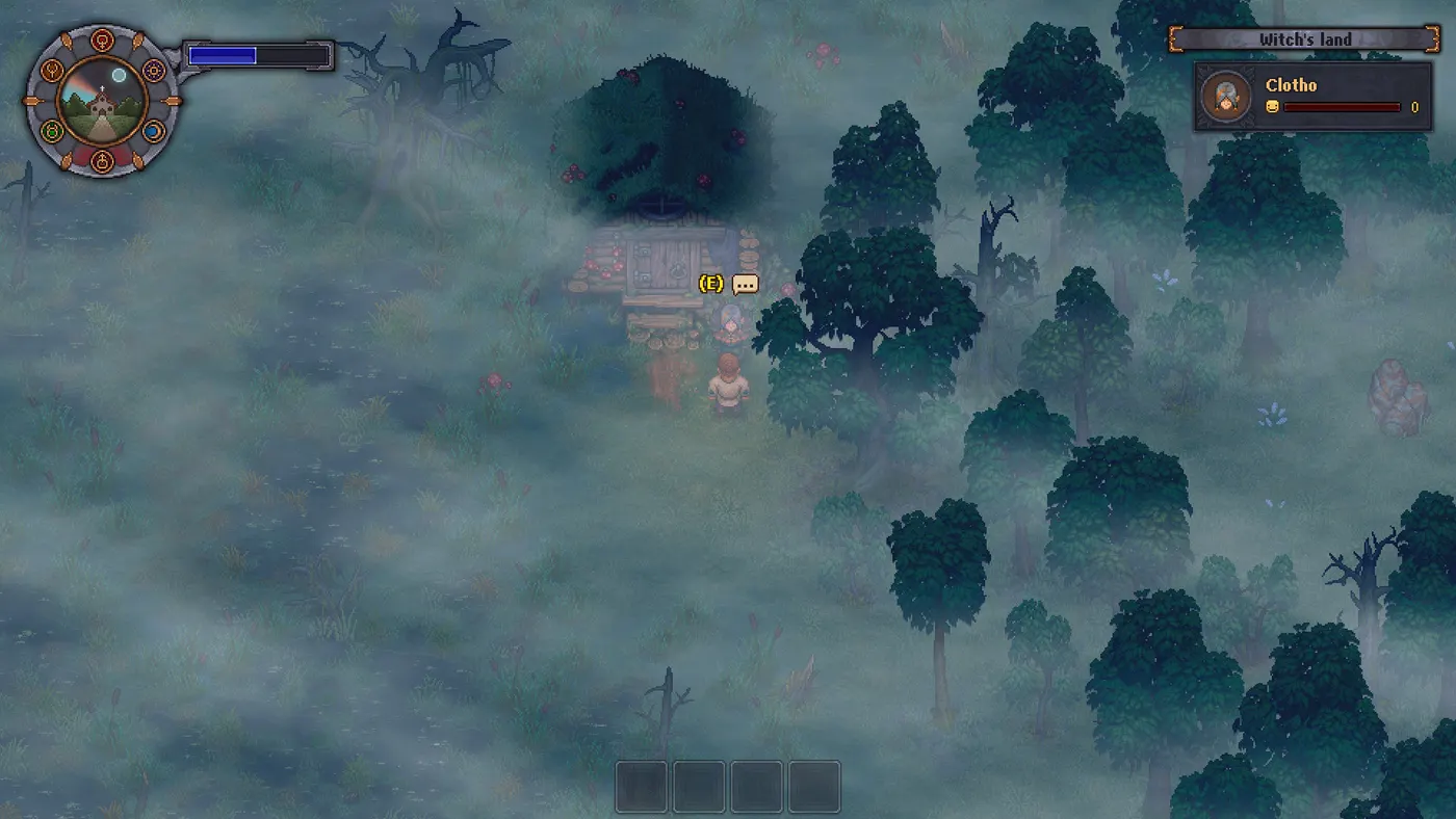Le marais de Graveyard Keeper, noyé dans une brume verte : la cabane de Clotho au centre d'une clairière, entourée d'arbres sombres et d'arbustes.