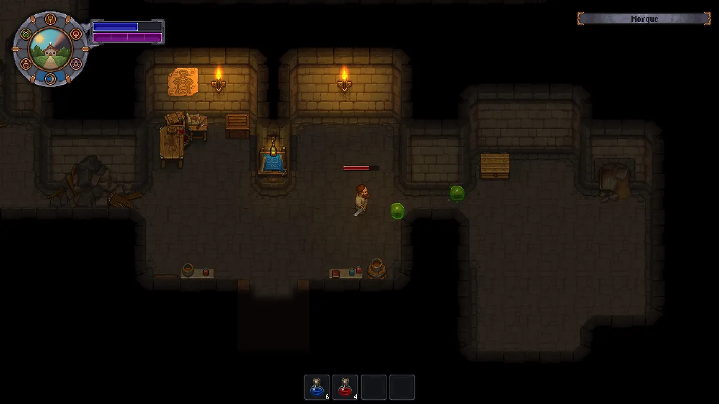 L'intérieur de la morgue dans Graveyard Keeper : une salle voûtée en pierre éclairée par deux torches murales, une table de préparation, un établi, et deux organes verts posés au sol.