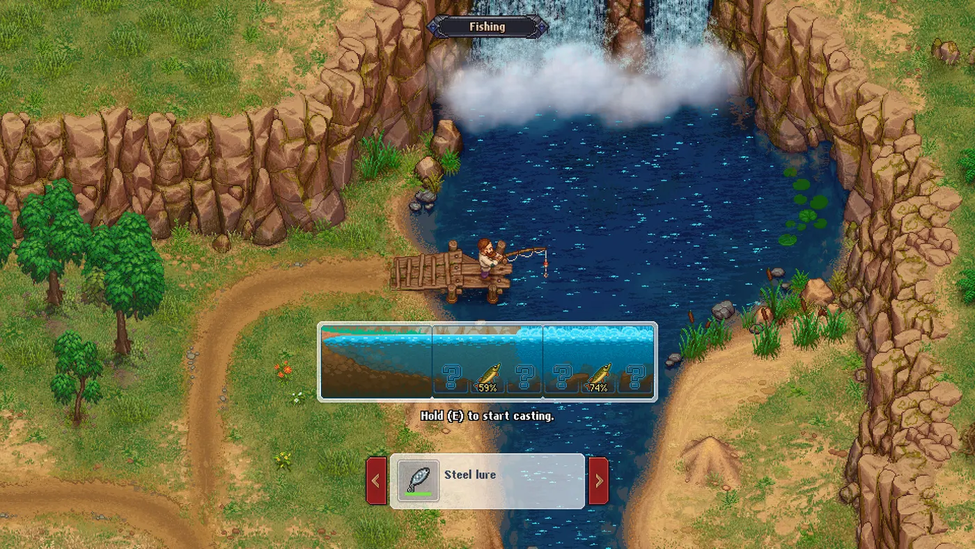 Le gardien pêche depuis un ponton au pied de la cascade dans Graveyard Keeper ; l'écran de lancer affiche trois zones d'eau et le leurre en acier sélectionné.