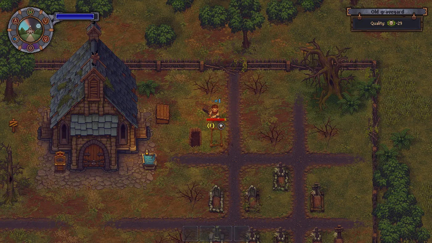 Le vieux cimetière de Graveyard Keeper : l'église de pierre à toit d'ardoise à gauche, une allée dallée bordée de tombes, des arbres morts autour, et l'encart « Old graveyard — Quality −29 » en haut à droite.
